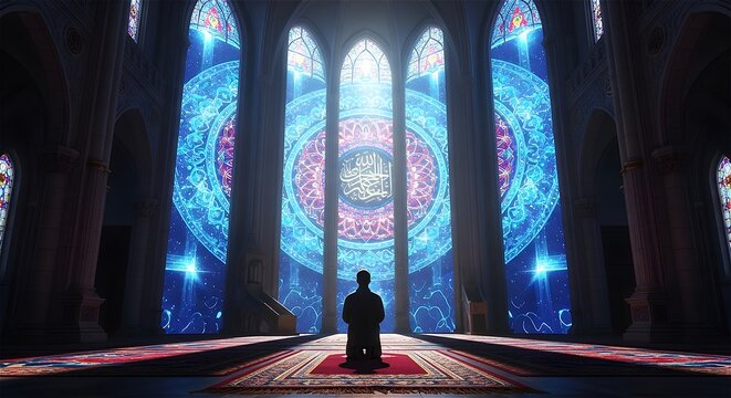 A serene yet futuristic scene inside a grand, cathedral-like or mosque-like space. A person is seen in silhouette, kneeling in prayer on a mat, facing a massive. - Powered by Adobe