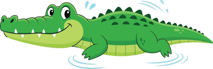 A cartoon alligator wearing sunglasses with a friendly smile and big green eyes isolated on a white background