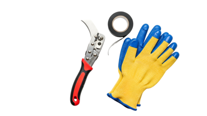 Professional Electrical Work Tools Including Stripper Pliers Black Electrical Tape and Yellow Blue Work Gloves Laid Out On A Black Background