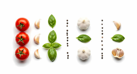 Fresh ingredients arranged artfully: Tomatoes, garlic, basil and peppercorns offer culinary inspiration for delicious, healthy, flavorful recipes and cooking