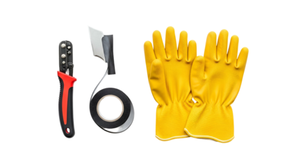 Yellow Leather Work Gloves Electrical Tape and Wire Stripper Tool on Transparent Background
