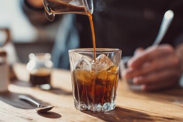 Artisanal iced coffee preparation, barista pouring dark roast into vintage glass with ice, hand holding spoon in cozy cafe atmosphere.