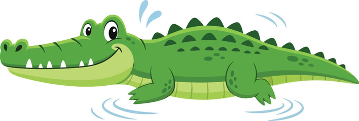 A cartoon alligator wearing sunglasses with a friendly smile and big green eyes isolated on a white background