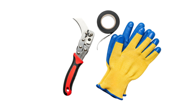 Professional Electrical Work Tools Including Stripper Pliers Black Electrical Tape and Yellow Blue Work Gloves Laid Out On A Black Background