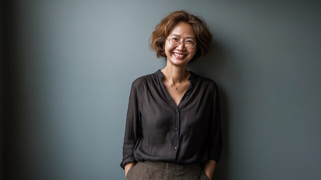 A creative director stands against a soft blue wall, showcasing a joyful smile. Dressed in a stylish black blouse and checkered pants, her confident demeanor reflects her artistic background