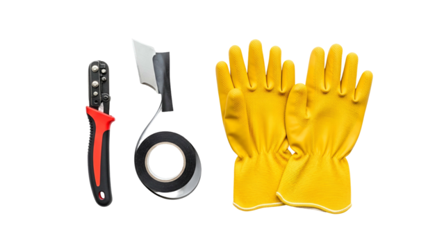 Yellow Leather Work Gloves Electrical Tape and Wire Stripper Tool on Transparent Background