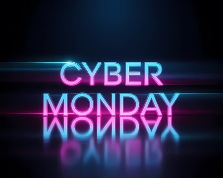 Illustration of cyber monday sale promotion with glowing neon text effect on a dark background - Powered by Adobe