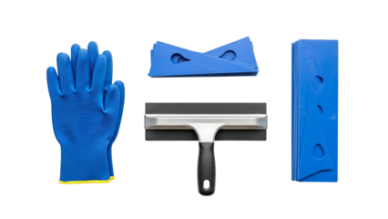 Blue Work Gloves and Window Squeegee Tools Laid Out Flat Against Transparent Background