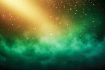 Abstract background with rays of light emanating from the top corner, bright green smoke at the bottom, fog and dust effect, mysticism