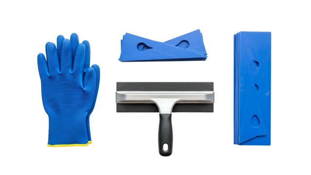 Blue Work Gloves and Window Squeegee Tools Laid Out Flat Against Transparent Background - Powered by Adobe