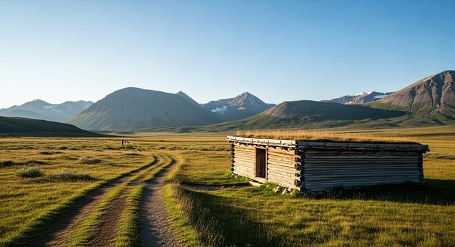 A secluded log cabin with a traditional turf roof rests in a tranquil mountain valley, illuminated by the golden light of dawn with a clear sky above - Powered by Adobe