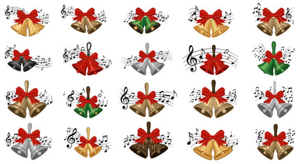 Assorted christmas bells with red bows and musical notes on a white background