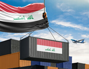 Iraq's International Trade: The vibrant flag of Iraq hoisted high above a cargo container, symbolizing the nation's participation in global commerce, with a bright sky backdrop and a plane soaring.