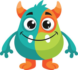 A friendly cartoon monster with two distinct colors orange horns and big eyes standing on white background