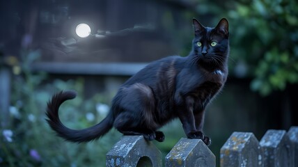 Mysterious black cat perched on a wooden fence under the ethereal glow of a full moon at night