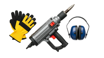 Construction Safety Gear And Power Tool Including Yellow Gloves Blue Ear Protection And Gray Drill On Transparent Background
