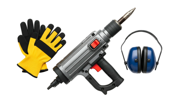 Construction Safety Gear And Power Tool Including Yellow Gloves Blue Ear Protection And Gray Drill On Transparent Background