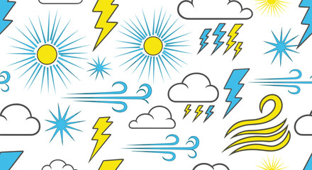 Obraz premium Colorful seamless weather pattern featuring various meteorological icons like suns, clouds, lightning bolts, and wind symbols in a line art style.