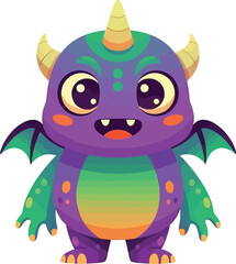 Adorable cartoon baby dragon with large expressive eyes purple and green scales and small wings perfect for fantasy or children s themes