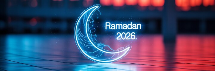 Ramadan 2026 neon moon on a futuristic floor