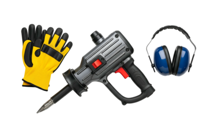 Construction Safety Gear Including Yellow Gloves Power Jackhammer And Blue Ear Defenders On A Transparent Background