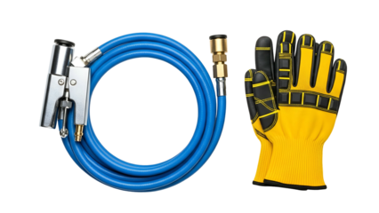 Blue Air Hose With Metal Clamps and Yellow Work Glove On Transparent Background