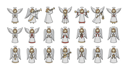 Collection of cartoon angels with halos and wings in various poses and items