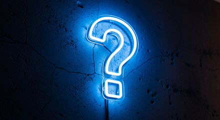 Illuminated question mark neon sign on a textured wall, shining in blue light, representing curiosity, uncertainty, and inquiry, suitable for informational concepts