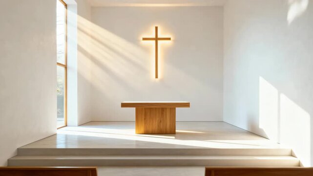 Vertical video of a modern chapel with a glowing cross on the wall. Sunlight streams through a window into a minimalist church interior. Faith and spirituality concept