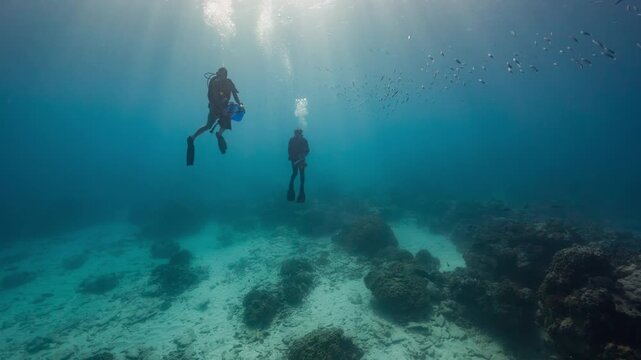 Two Marine Scientists SCUBA Divers decompress at the end of their dive above a coral reef in Kiribati