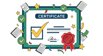 Playful line art illustration of a certificate of achievement, decorated with a wax seal, check marks, and floating confetti.