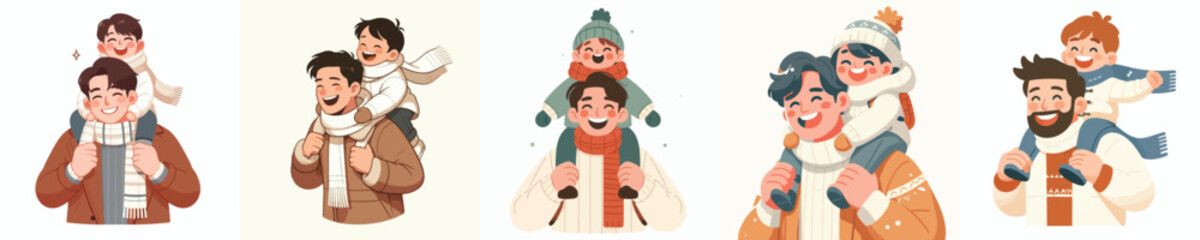 Father holding his happy little son in winter