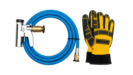 Blue Hose and Yellow Black Work Gloves Set for Construction and Industrial Use Against Transparent Background