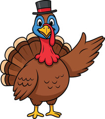 Friendly cartoon turkey wearing a top hat and gesturing with its wing perfect for thanksgiving and autumn celebrations