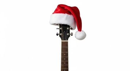 Santa hat on guitar headstock, holiday music symbol, isolated on white background