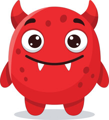 Adorable cartoon red monster with big eyes and small horns smiling with sharp teeth on a white background