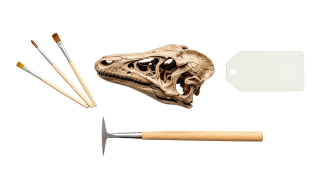 Fossilized Dinosaur Skull Fossil Excavation Tools and Blank Tag on Black Background - Powered by Adobe