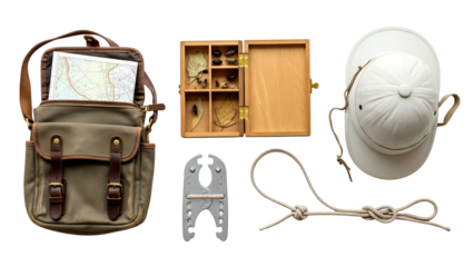 Safari Exploration Kit With Open Map And Pith Helmet On A Transparent Background Ready For Adventure