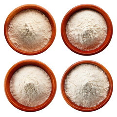Four round bowls filled with white powder, top view
