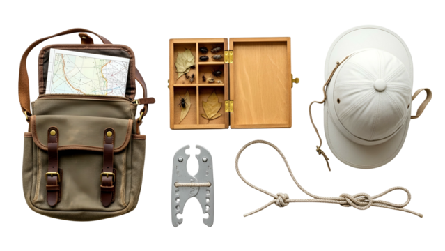 Safari Exploration Kit With Open Map And Pith Helmet On A Transparent Background Ready For Adventure