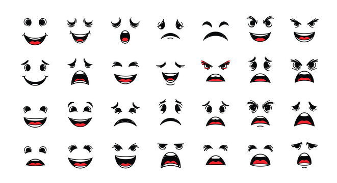Large set of expressive cartoon facial emotions with a rough, sketchy texture, showing happiness, sadness, anger, and surprise.