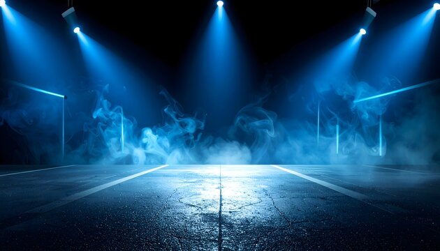 Abstract dark street background with cracked asphalt, heavy smoke/fog, and dramatic blue neon spotlights. Empty stage for product or text display. - Powered by Adobe
