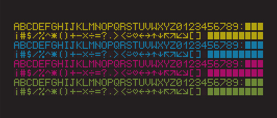 Illustration vector of English fonts alphabets in dot matrix styles from A to Z with numbers 0 to 9 and punctuation marks drawing in vector
