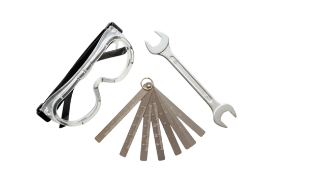 Silver Metal Wrench Safety Goggles And Feeler Gauges Collection For Automotive Repair Or Mechanical Work On Transparent Background