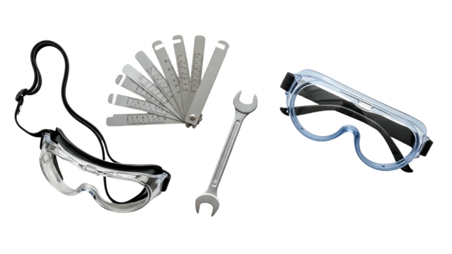 Assortment of Automotive Tools Including Spark Plug Gap Tool Wrench and Safety Goggles on a Black Background Isolated Studio Shot