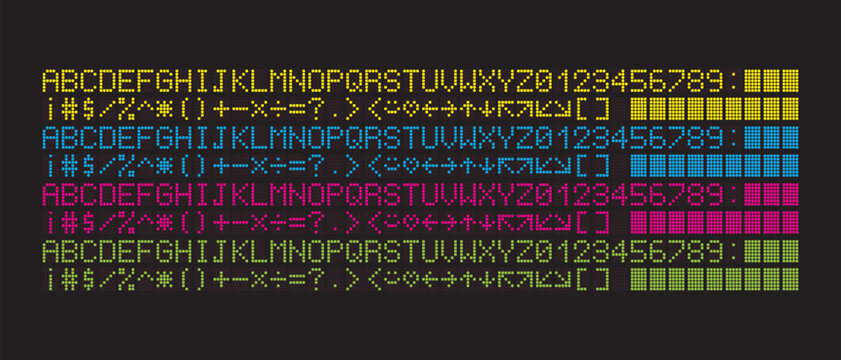 Illustration vector of English fonts alphabets in dot matrix styles from A to Z with numbers 0 to 9 and punctuation marks drawing in vector