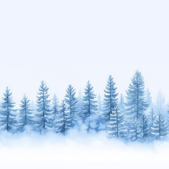 Obraz premium Watercolor Forest Scene: A serene watercolor painting showcases a tranquil winter forest, shrouded in a soft mist that gently obscures the lower section of the trees.