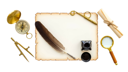 Vintage Writing Set With Aged Paper Compass Magnifying Glass Quill Pen Inkwell And Scroll On Black Background