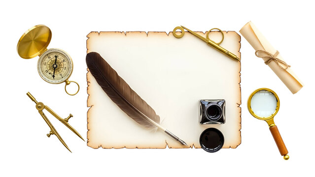 Vintage Writing Set With Aged Paper Compass Magnifying Glass Quill Pen Inkwell And Scroll On Black Background