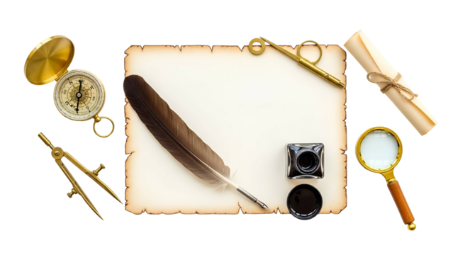 Vintage Writing Set With Aged Paper Compass Magnifying Glass Quill Pen Inkwell And Scroll On Black Background